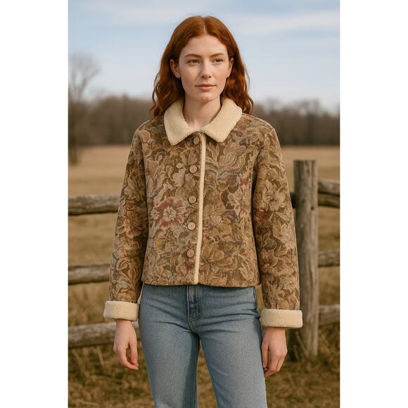 Y2K Friends Phoebe Chinese Fabric Tapestry Floral Jacket M Berber Shearling Boho - Picture 1 of 8